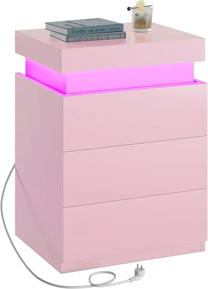 Side stand with Charging Station and LED Lights, Sliding Top, Drawers