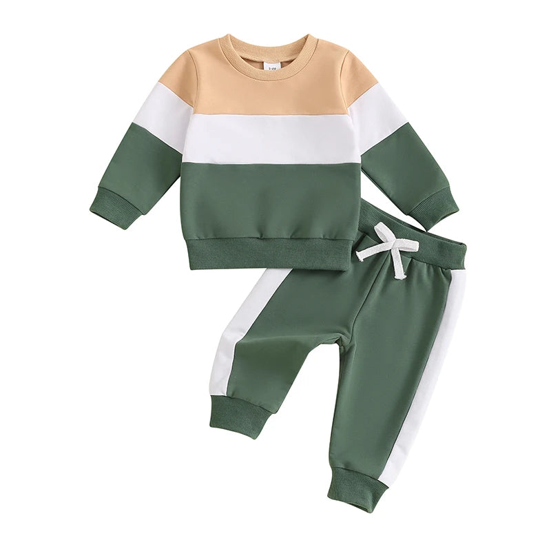 3-24 MO & 3T Boy Pants Set, Long Sleeve, Round Neck Sweatshirt. Drawstring Long Pants Contrast Color Outfits