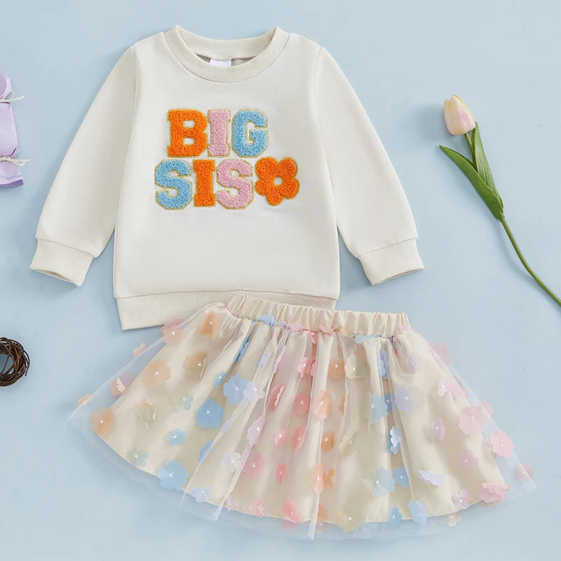 0 MO-5Y Kids Girls Skirt Set, Long Sleeve Embroidery Letters Sweatshirt with Flower Tulle Skirt 2-piece Outfit