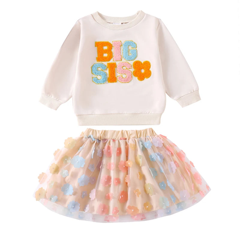 0 MO-5Y Kids Girls Skirt Set, Long Sleeve Embroidery Letters Sweatshirt with Flower Tulle Skirt 2-piece Outfit