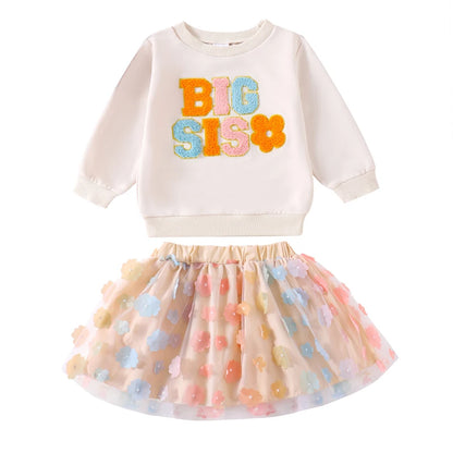 0 MO-5Y Kids Girls Skirt Set, Long Sleeve Embroidery Letters Sweatshirt with Flower Tulle Skirt 2-piece Outfit