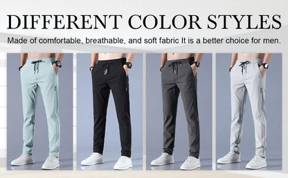 Men Fast Dry Stretch Pants, Ice Silk Trousers, Solid Color, Mid-Waist