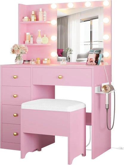 Vanity/Desk with Mirror and Lights with 5 Drawers