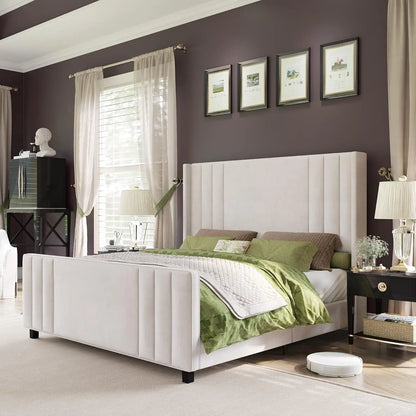 Velvet Upholstered Platform Bed with Vertical Channel Tufted Headboard & Footboard/Wingback, Mattress Foundation with Wood Slat