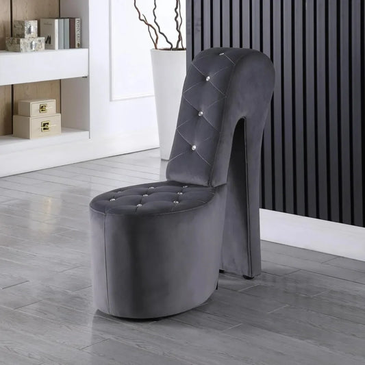 High Heel Velvet Shoe Chair with Crystal Studs Gray (40"D X 19"W X 40"H）