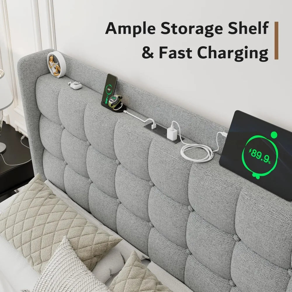 Queen Upholstered Bed Frame w/Charging & Storage, No Box Spring Needed