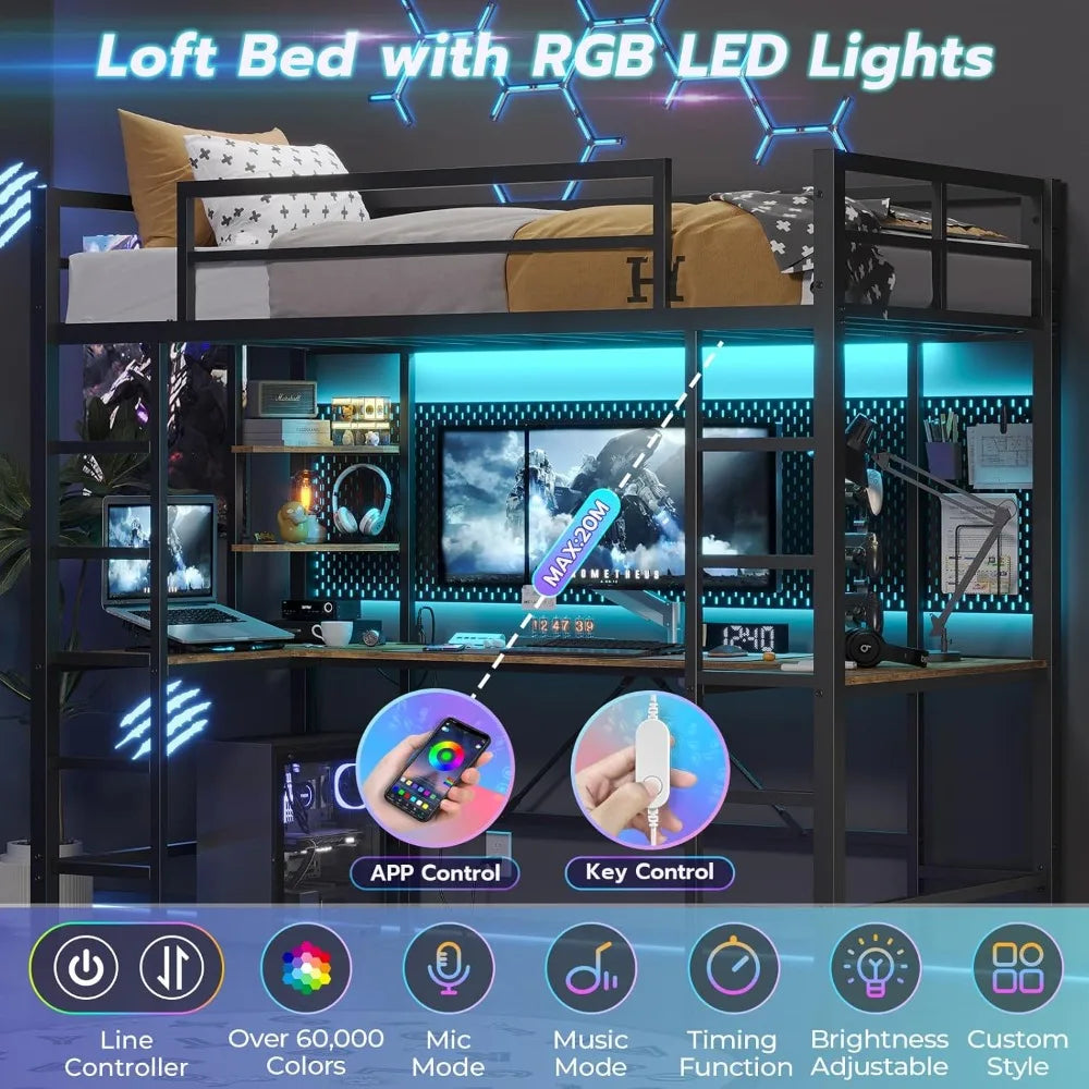 Twin Size Loft Bed with U Shaped Desk and Led Lights, Charging Station and Storage Shelves