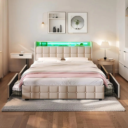 Multiple Color LED Bed Frame with Charging Station, Featuring 2-Tier Headboard, 4 Storage drawers