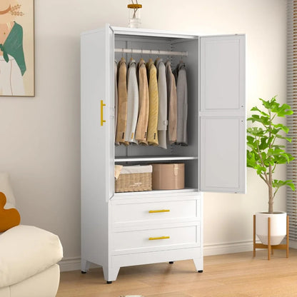 71" H Metal Armoire Wardrobe Closet with 2 Drawers, Adjustable Shelves, Clothes Drying Pole