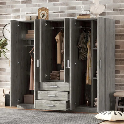 "Spacious 6-Door Armoire Wardrobe with Ample Drawers, Hanging Space and Shelves for Bedroom Storage"