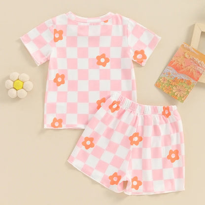 12 MO-4T Floral Checkerboard Print Short Sleeve O-neck T-shirts+Elastic Waist Shorts Tracksuit