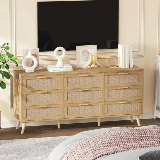 9 Drawer Double Dresser with Golden Handles