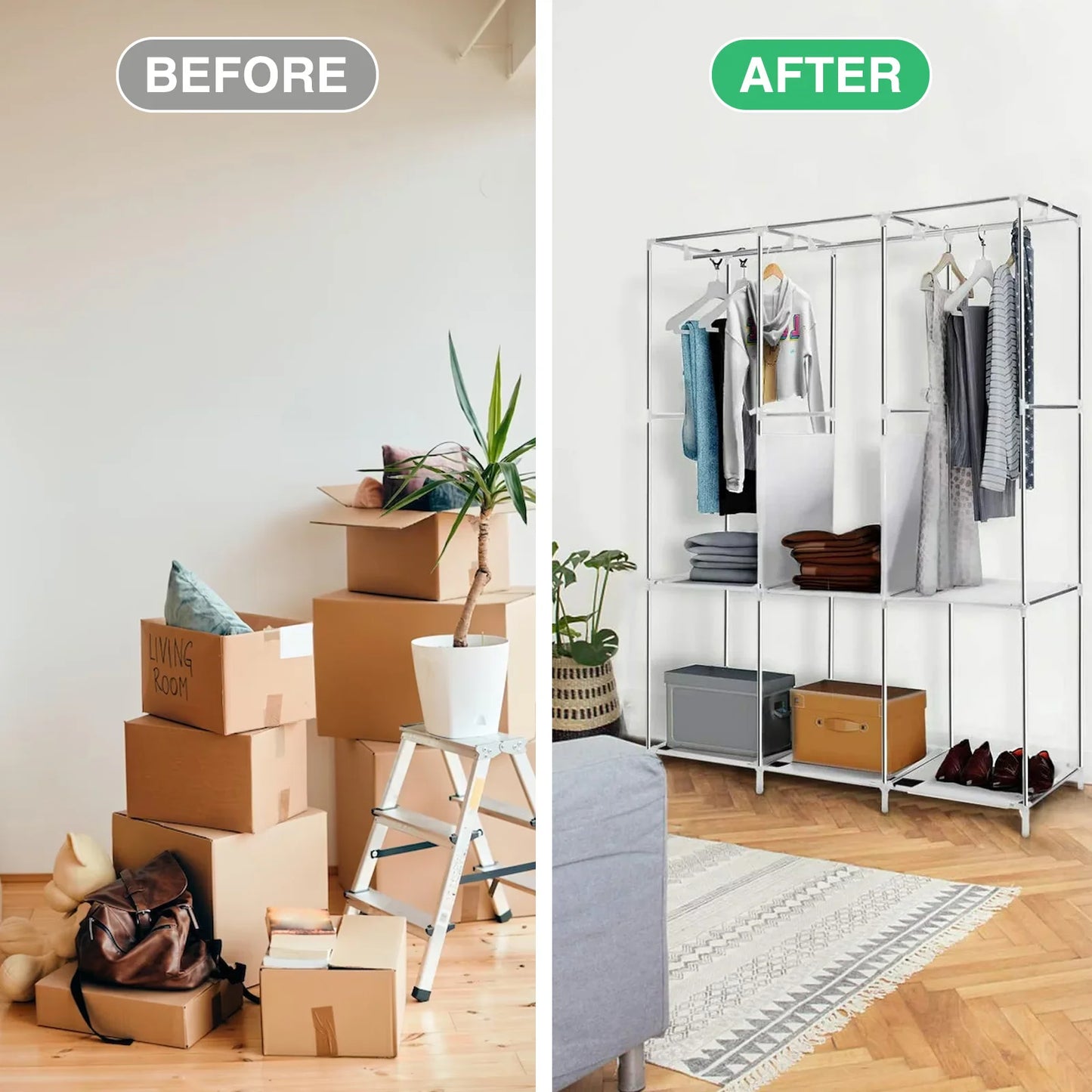 Closet Wardrobe Organizer Storage Rack, Portable, Dustproof, Non-woven Fabric Quick and Easy to Assemble
