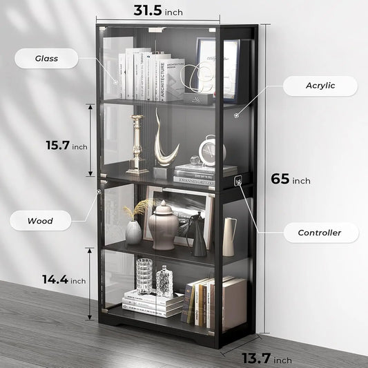 4-Tier Curio Cabinet with 3 Color Lights, Display Cabinet with Glass Doors,