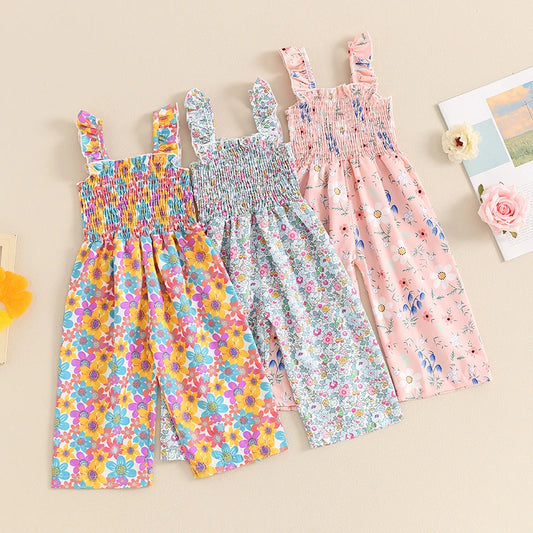 12MO-4T Lovely Baby Girls Summer Jumpsuit, Sleeveless Strap, Floral Print, Wide Leg Pants