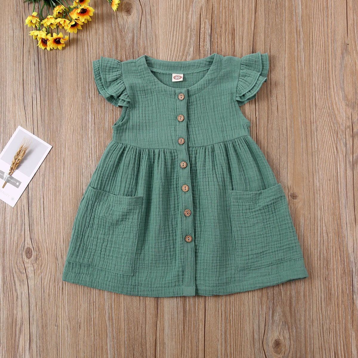 2020-03-31 Lioraitiin 0-6Years Toddler Kid Baby Girl Summer Dress Ruffles Sleeves Cotton Button Pocket Dress Sundress Clothes