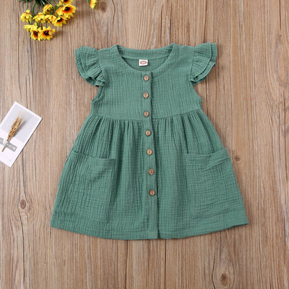 2020-03-31 Lioraitiin 0-6Years Toddler Kid Baby Girl Summer Dress Ruffles Sleeves Cotton Button Pocket Dress Sundress Clothes