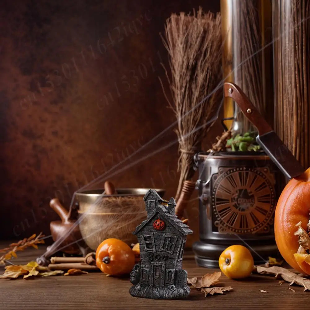 Halloween Miniature Resin Statue Figurines, Pumpkin haunted house and skeleton tombstone