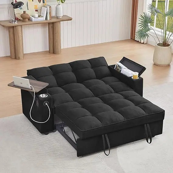 65'' 3-in-1 Queen Size Pullout Sofa, Modern Chenille Fabric, 360° Swivel Side Table