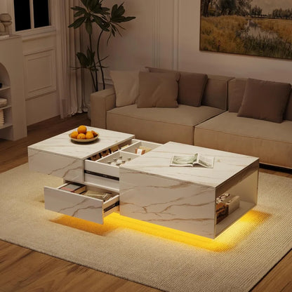 LED Coffee Table, 43" UV High Gloss Table with 2 Drawers & Hidden Storage Compartment & Open Compartments