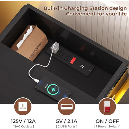 LED, Set of 2,Nightstand with Charging Station and Sliding Top