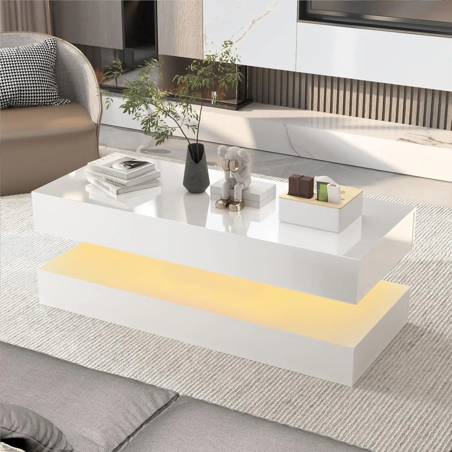 Modern Stylish Coffee Table with 2 Storage Drawers and LED lights