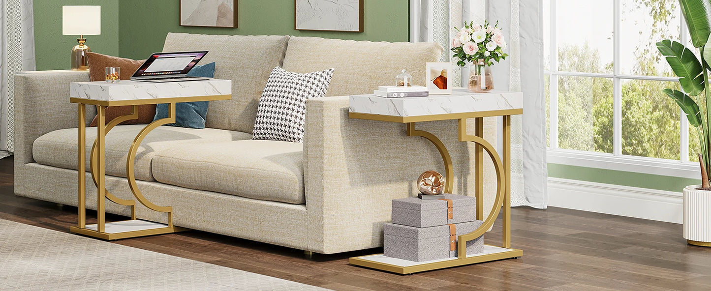 Narrow White Gold Side C Shaped End/Bedside Table