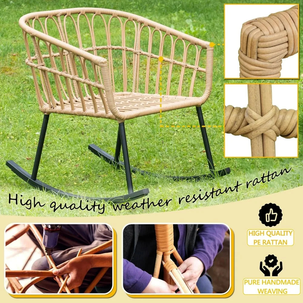 Indoor/Outdoor All Weather Woven Rope Table Set, Tan Wicker Rocker Set With White Cushions