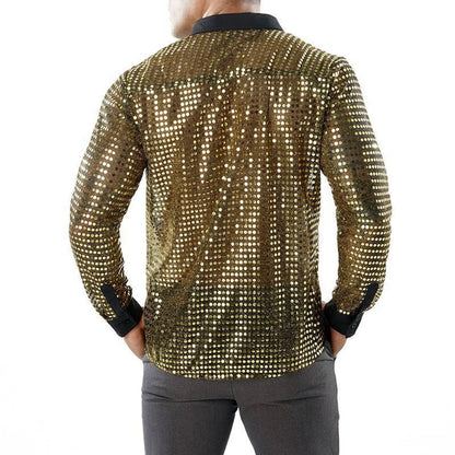 Glitter Sequin Shirt, Men's Long Sleeved Performance Wear, 70s Disco, Lapel Neck, Slimming Sparkle Compression Shirts With Button