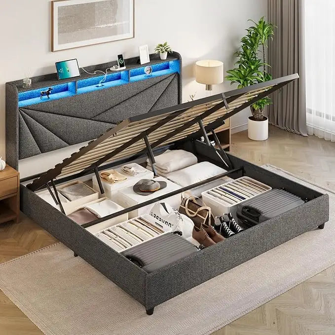 King Size Bed Frame with Storage, Lift Up Upholstered King Bed Frame with LED Lights Headboard and Charging Station, No Box Spring