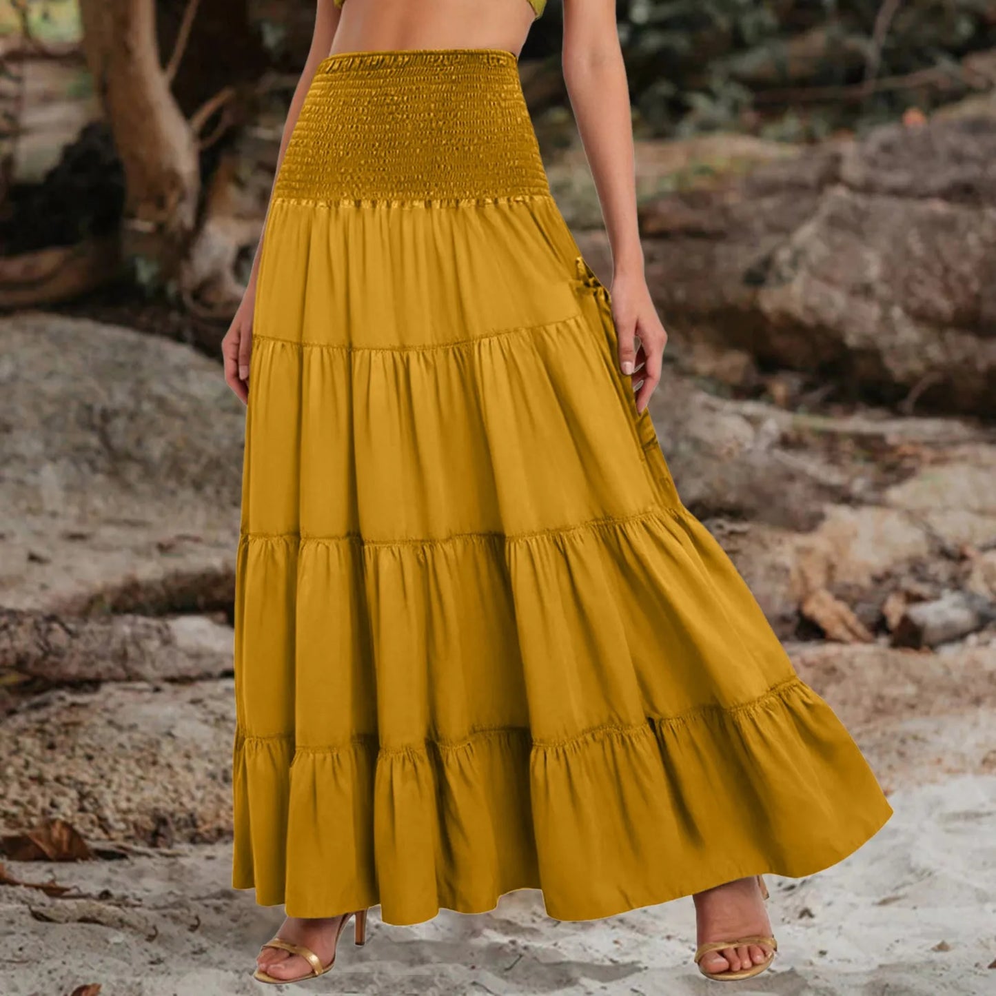 Boho Tiered A-Line Skirt, Pockets, Patchwork, Elastic Waist, Vintage Hippie/Gypsy Maxi Skirt