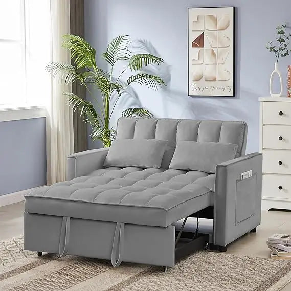 65'' 3-in-1 Queen Size Pullout Sofa, Modern Chenille Fabric, 360° Swivel Side Table