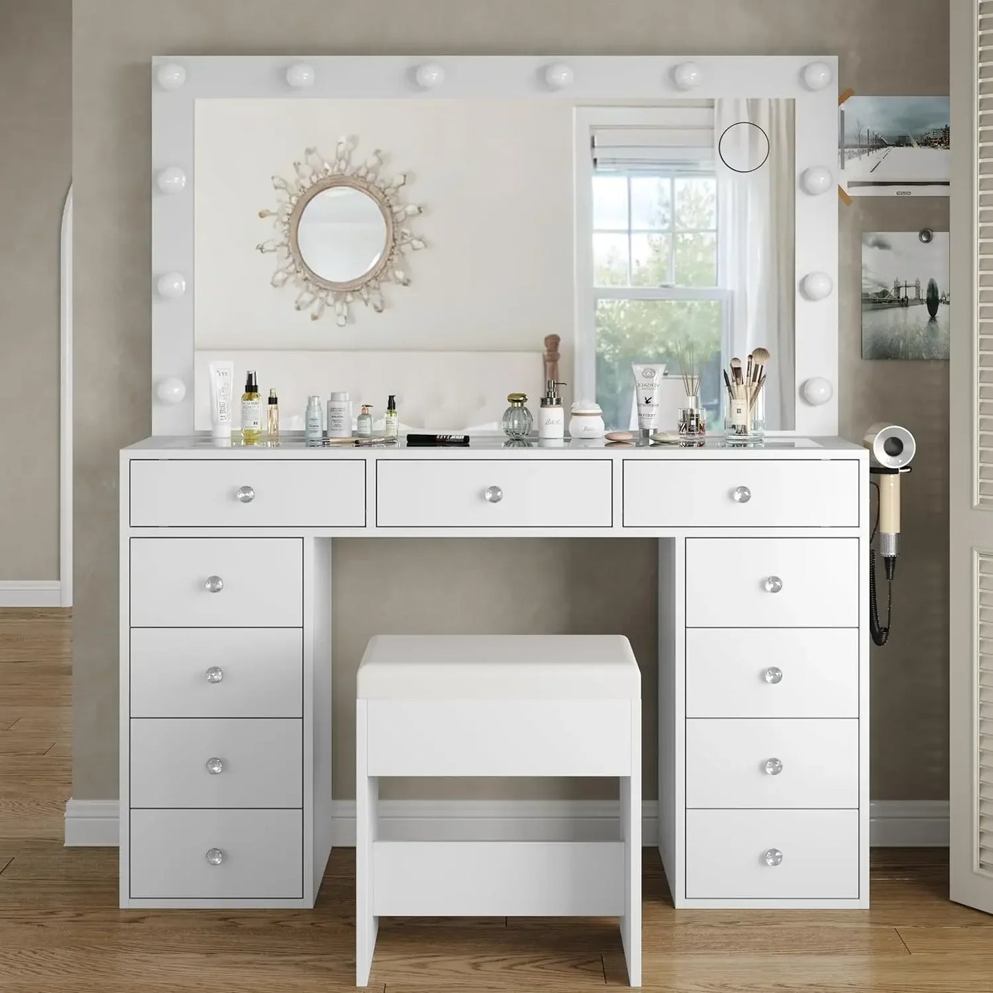 Vanity Desk with Mirror Power Outlet,12 LED Lights, and 11 Drawers