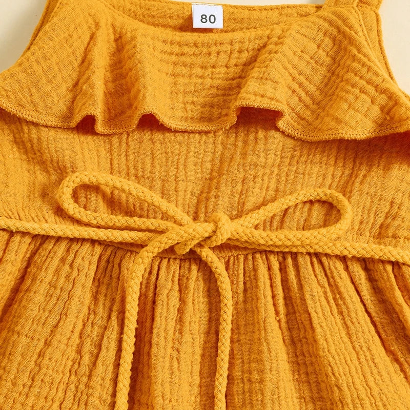 6 MO-4Y Girl Summer Dress, Casual Sleeveless, Square Neck, Belted Dress