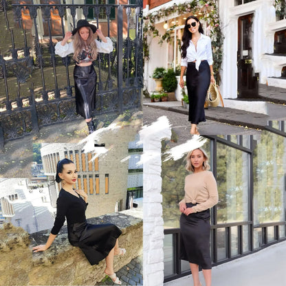 Womens Elegant Satin Skirt, High Waist, Midi Length, Satin Silk, Solid Color Office Work Skirts