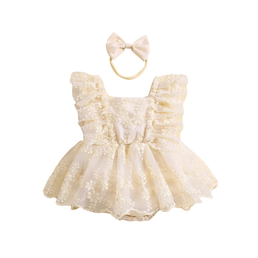 2Pcs  6-24M Baby Girl Summer Ruffle Sleeve Square Neck Lace Romper Dress with Headband Set