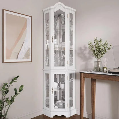 Lighted 3-Side Glass Display Curio Cabinet w/ Tempered Glass Doors and Shelves