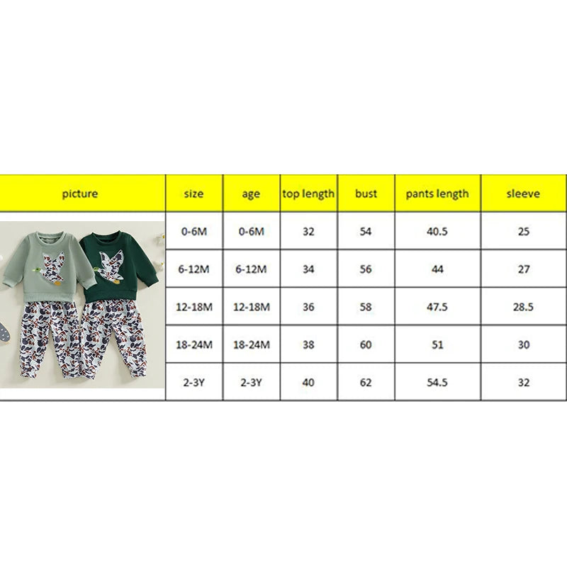6MO-3T Spring Kids/Baby Boy Outfit Sets, Long Sleeve Duck Embroidery Pullover, Camouflage Pants