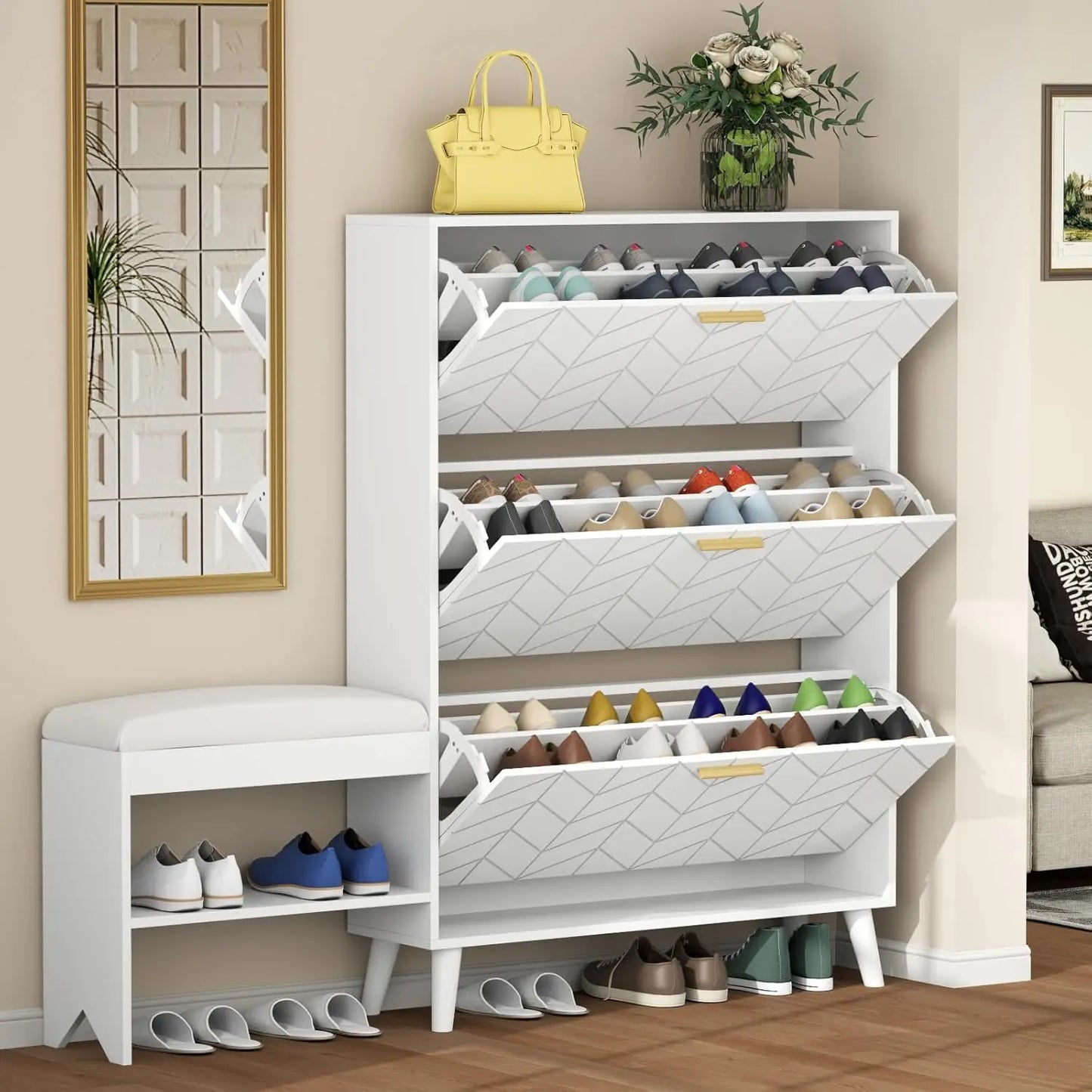 Shoe Cabinet w/3 Flip Drawers & Bench