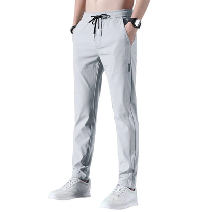 Men Fast Dry Stretch Pants, Ice Silk Trousers, Solid Color, Mid-Waist