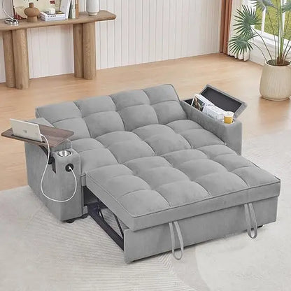 65'' 3-in-1 Queen Size Pullout Sofa, Modern Chenille Fabric, 360° Swivel Side Table