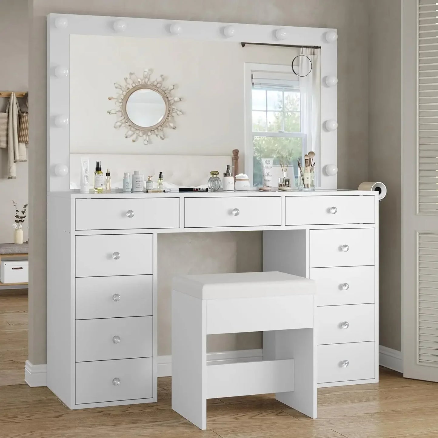 Vanity Desk with Mirror Power Outlet,12 LED Lights, and 11 Drawers