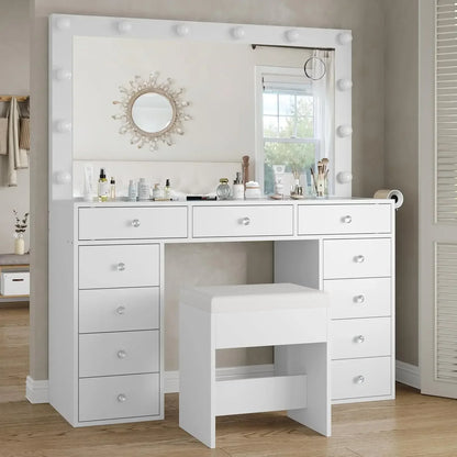 Vanity Desk with Mirror Power Outlet,12 LED Lights, and 11 Drawers