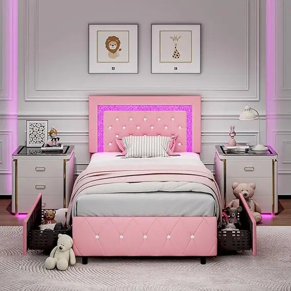 Faux Leather Upholstered Bed Frame with Diamond Headboard, LED Lights and Storage Drawers,