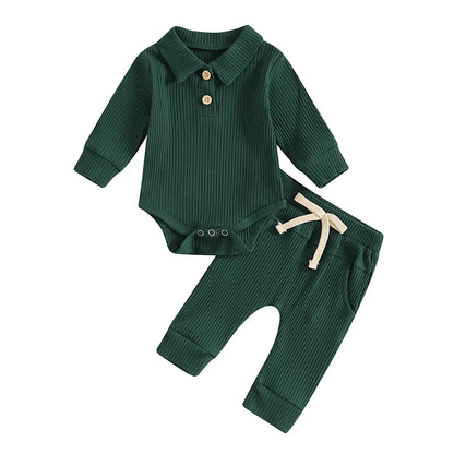 Autumn Infant Baby Boys Ribbed Set, Button Long Sleeve Romper, Drawstring Pocket Trousers