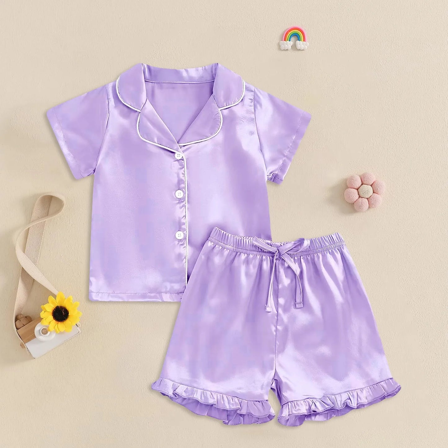 1Y-13Y Silk Pajamas Girl Satin Summer Feather Pajamas Short Sleeve