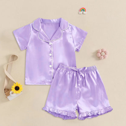 1Y-13Y Silk Pajamas Girl Satin Summer Feather Pajamas Short Sleeve