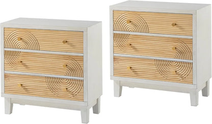 Set of 2 3-Drawer Fully Assembled Nightstands with Handicraft Wood Ring Motif