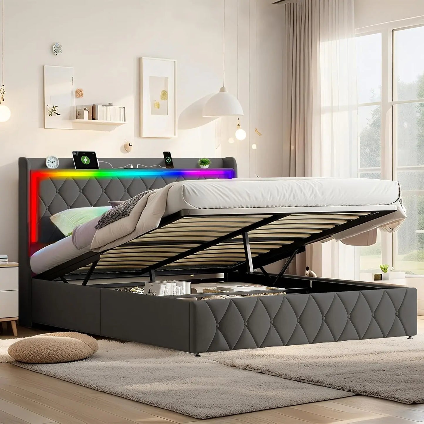 Multiple Color LED Bed Frame with Charging Station, Featuring 2-Tier Headboard, 4 Storage drawers