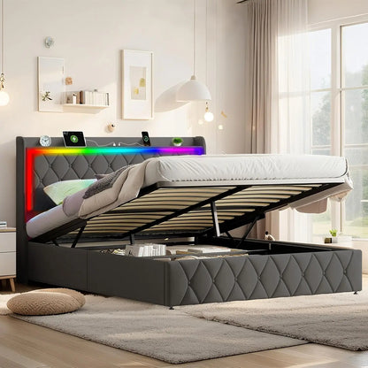Multiple Color LED Bed Frame with Charging Station, Featuring 2-Tier Headboard, 4 Storage drawers